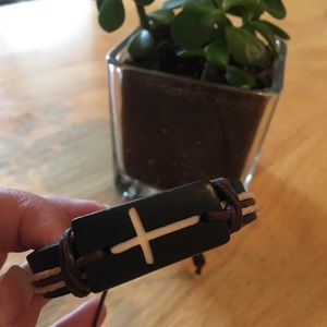 Leather And Rope Adjustable Cross Wooden Bracelet Unique Style